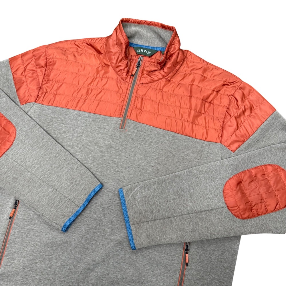 Orvis 1/4 Zip Hybrid Pullover Mens XL Gray Orange Quilted Insulated Elbow Patch